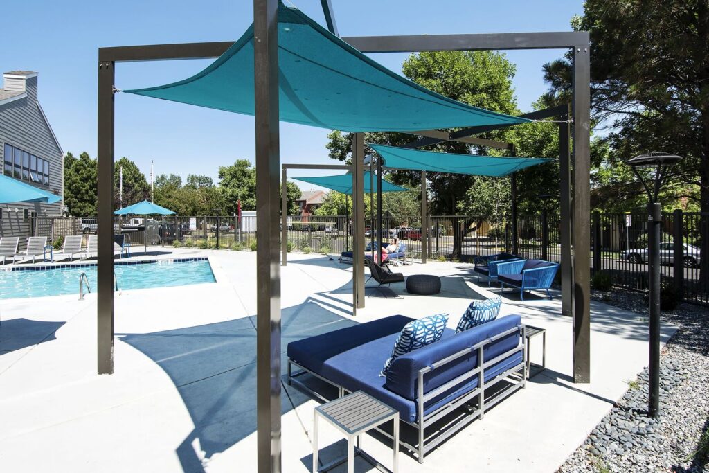 Pool with shaded deck seating