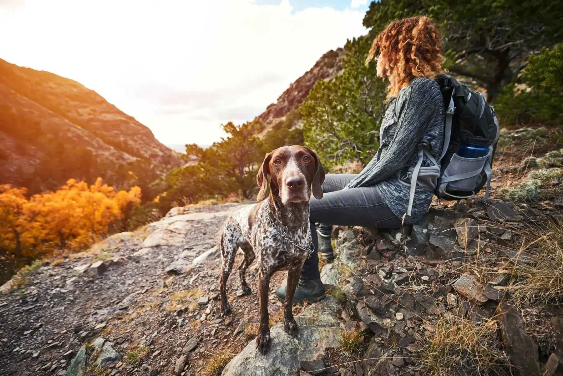 Young woman hiking with a dog