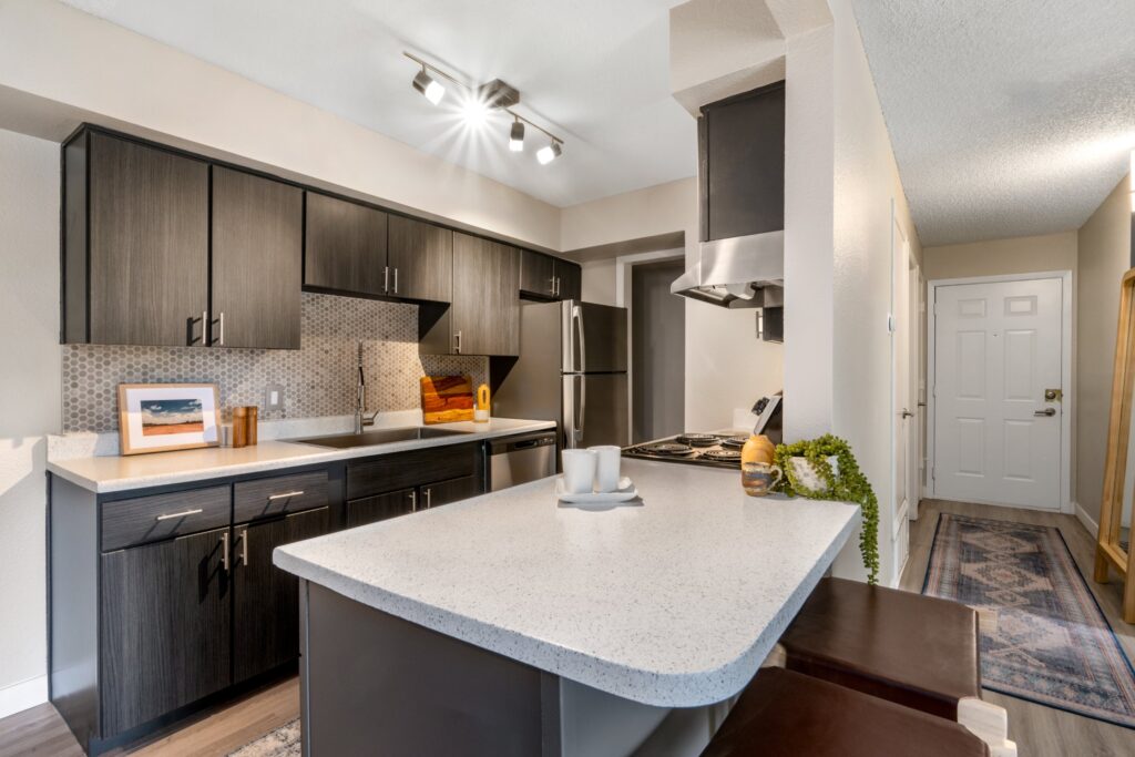 Kitchen with stainless steel stove and hood