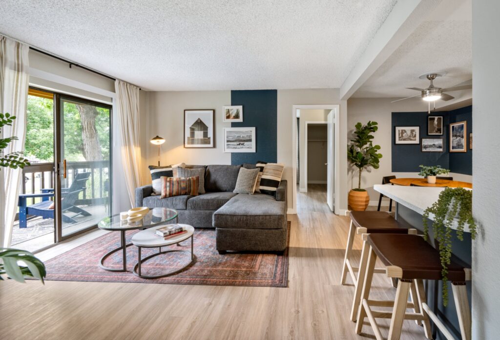 Living room with fire place and patio access